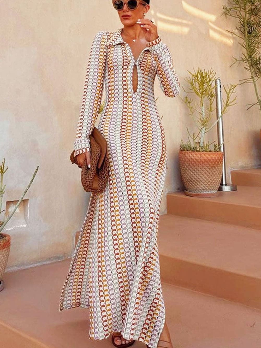 Boho Collared V Neck Split Wavy Striped Crochet Beach Vacation Maxi Dress