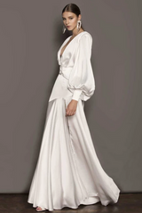 Solid Lantern Sleeve Split Maxi Dress