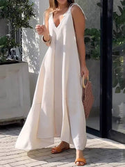 Large Hem Solid Color Sleeveless V-Neck Strap Maxi Dress