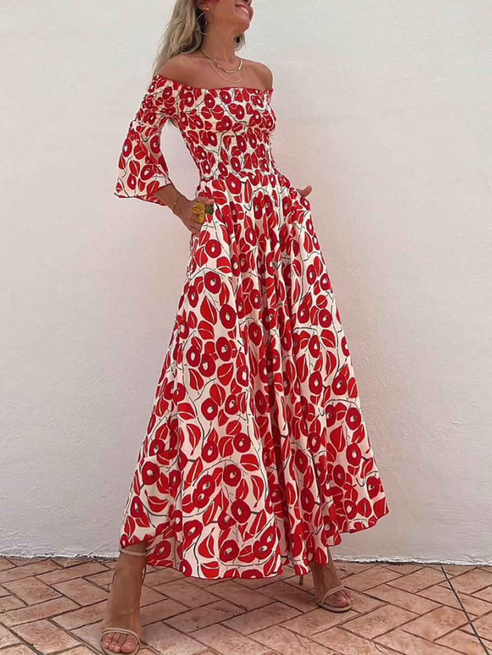 Scarlet Bloom - Smocked Off Shoulder Maxi Dress