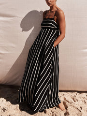 Classic Stripe Printed Stitching Loose Maxi Dress