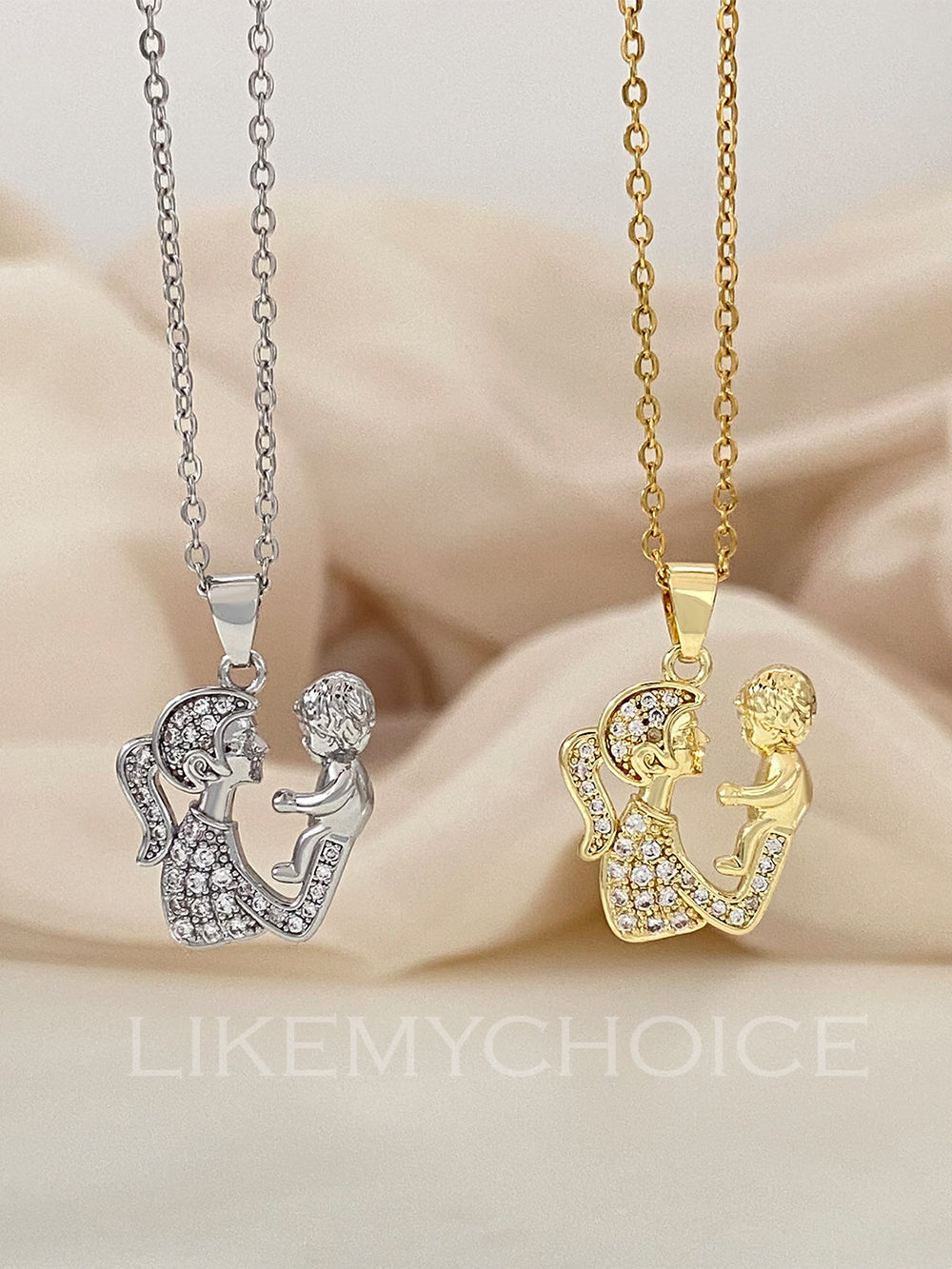 Micro-encrusted Zirconia Mother and Child Embrace Pendant Clavicle Chain