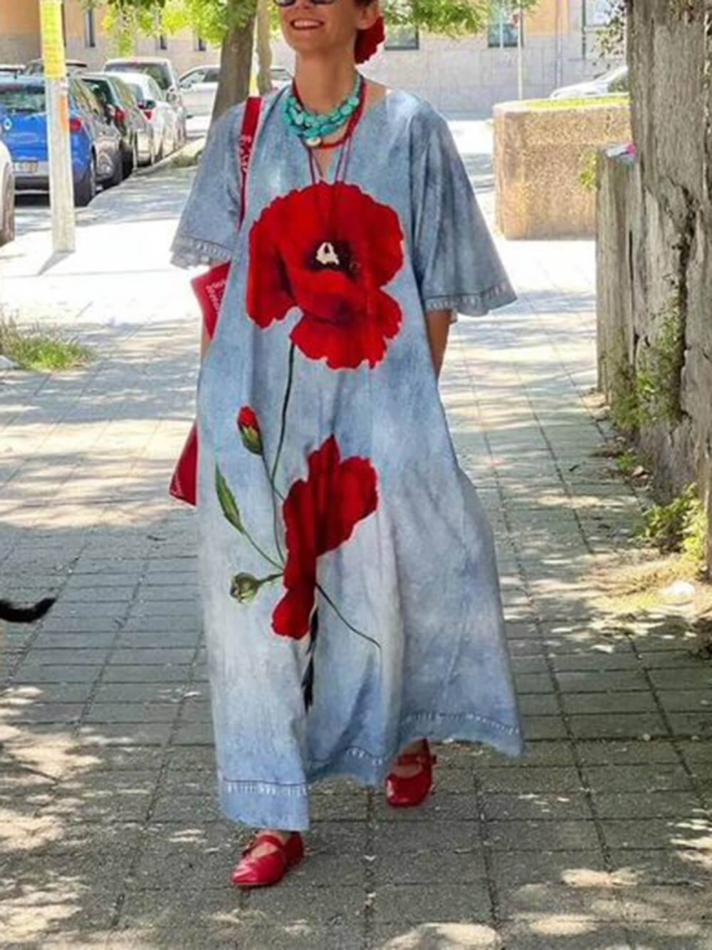 Faux Denim Print Bell Sleeve Pocket Loose Maxi Dress