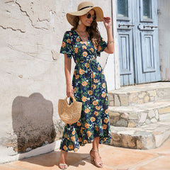 Mediterranean Bliss - V-Neck Floral Maxi Dress