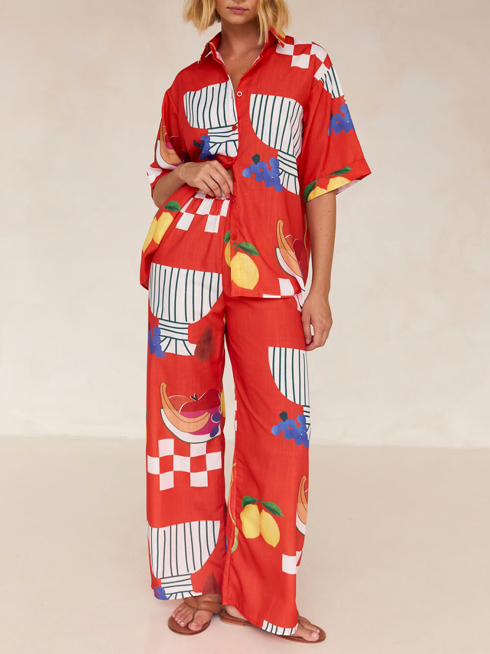 Unique Fruit Print Holiday Loose Shirt Wide Leg Pants Suit