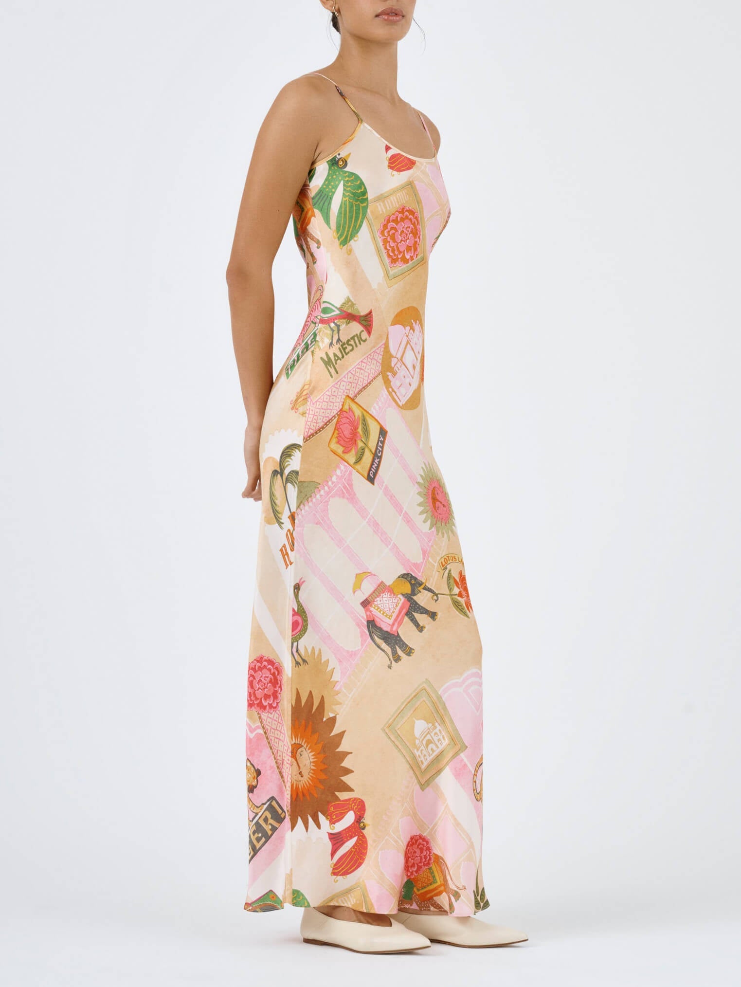 Unique Satin Print Casual Suspender Maxi Dress