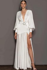 Solid Lantern Sleeve Split Maxi Dress