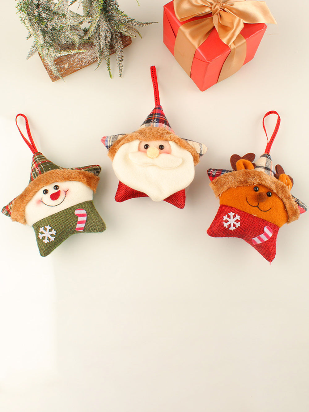 Santa Claus and Reindeer Christmas Tree Ornament with Star Plush Doll