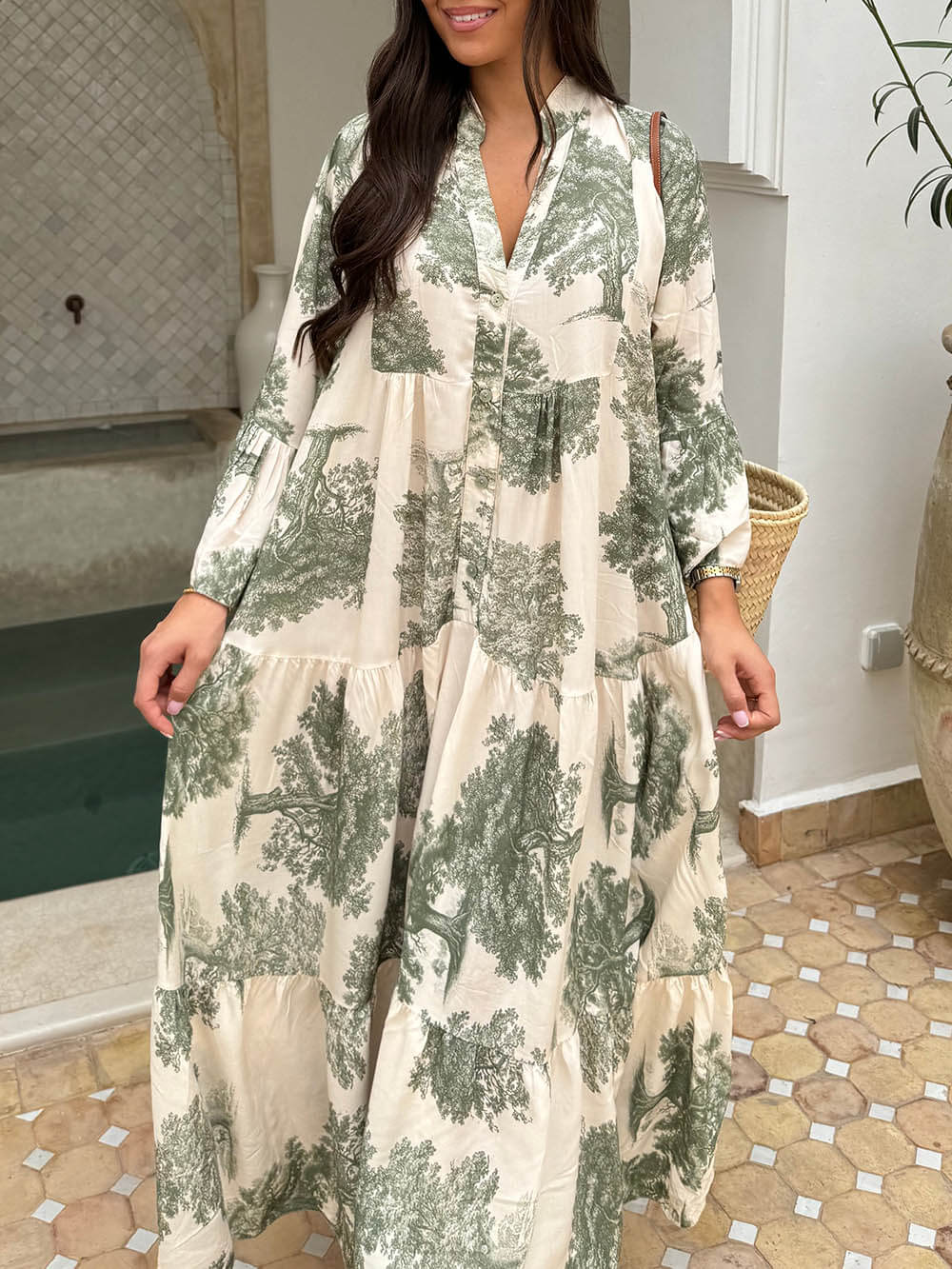 Modern Style Unique Tree Print A-Line Maxi Dress