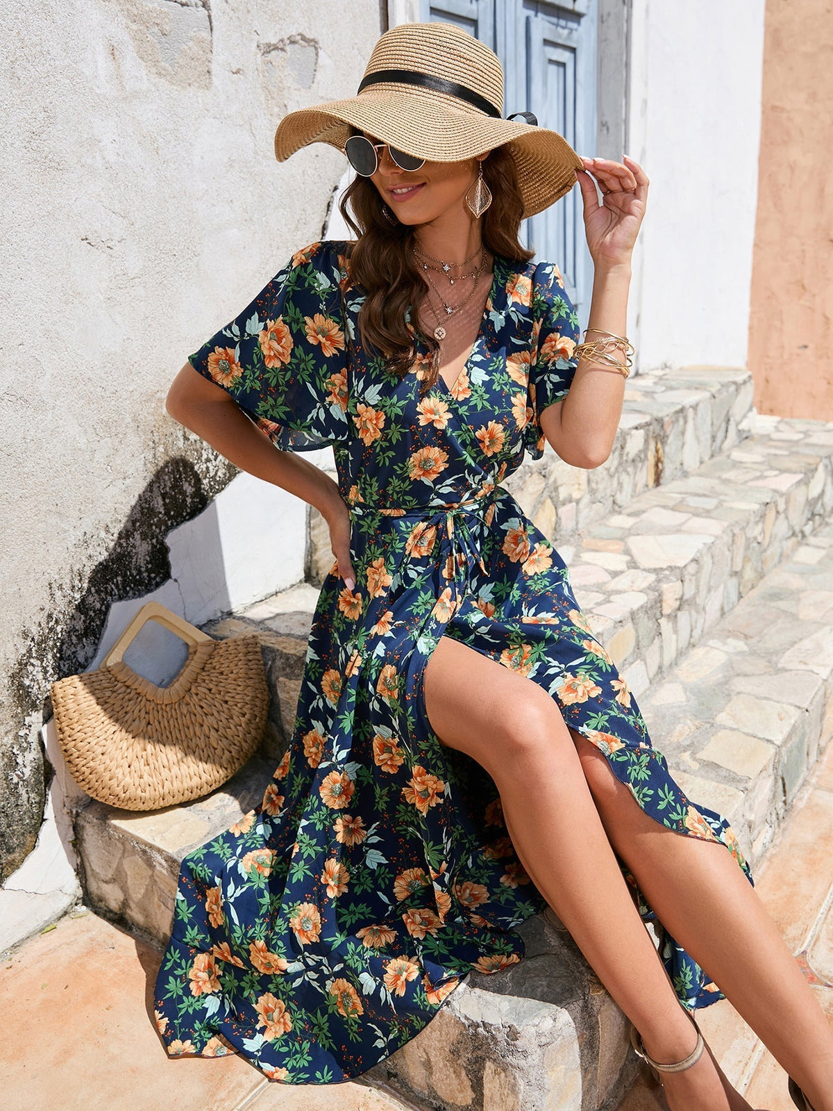 Mediterranean Bliss - V-Neck Floral Maxi Dress