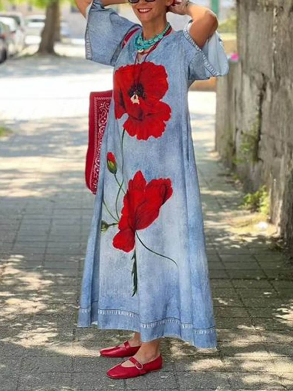 Faux Denim Print Bell Sleeve Pocket Loose Maxi Dress