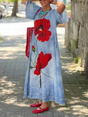 Faux Denim Print Bell Sleeve Pocket Loose Maxi Dress