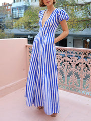 Bubble Sleeve In Stripe Wavy Maxi Dress