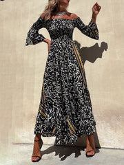 Off-The-Shoulder Smocked Stretch Black Printed Maxi Dress