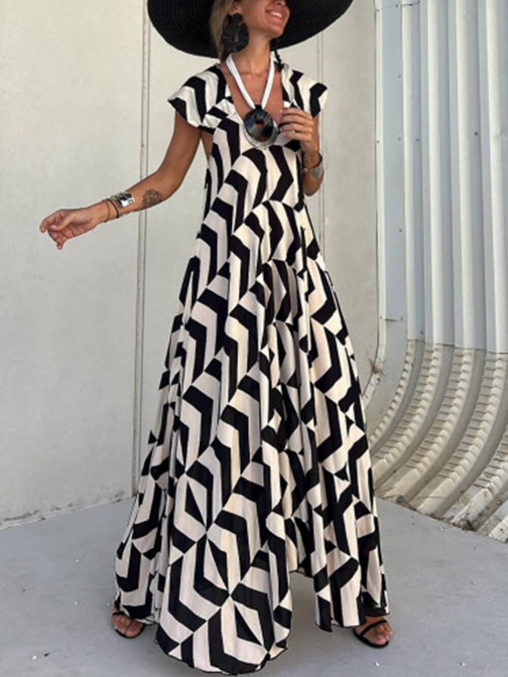 Fresh Unique Ethnic Print Ruffle Sleeve A-line Maxi Dress