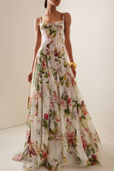 Floral Ruched Sweetheart Neck Maxi Dress