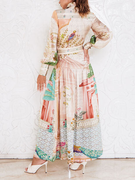 Exquisite Satin Print Palace Style Lantern Sleeve Midi Dress