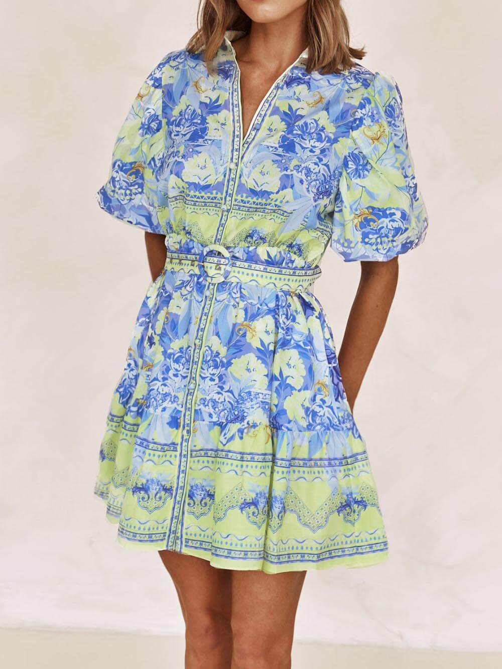 Floral Fantasy - Blue and Yellow Floral Print Mini Dress