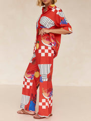 Unique Fruit Print Holiday Loose Shirt Wide Leg Pants Suit