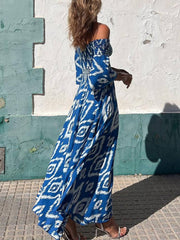 Vacation Ethnic Print Smocked Off Shoulder Pocketed Maxi Dress