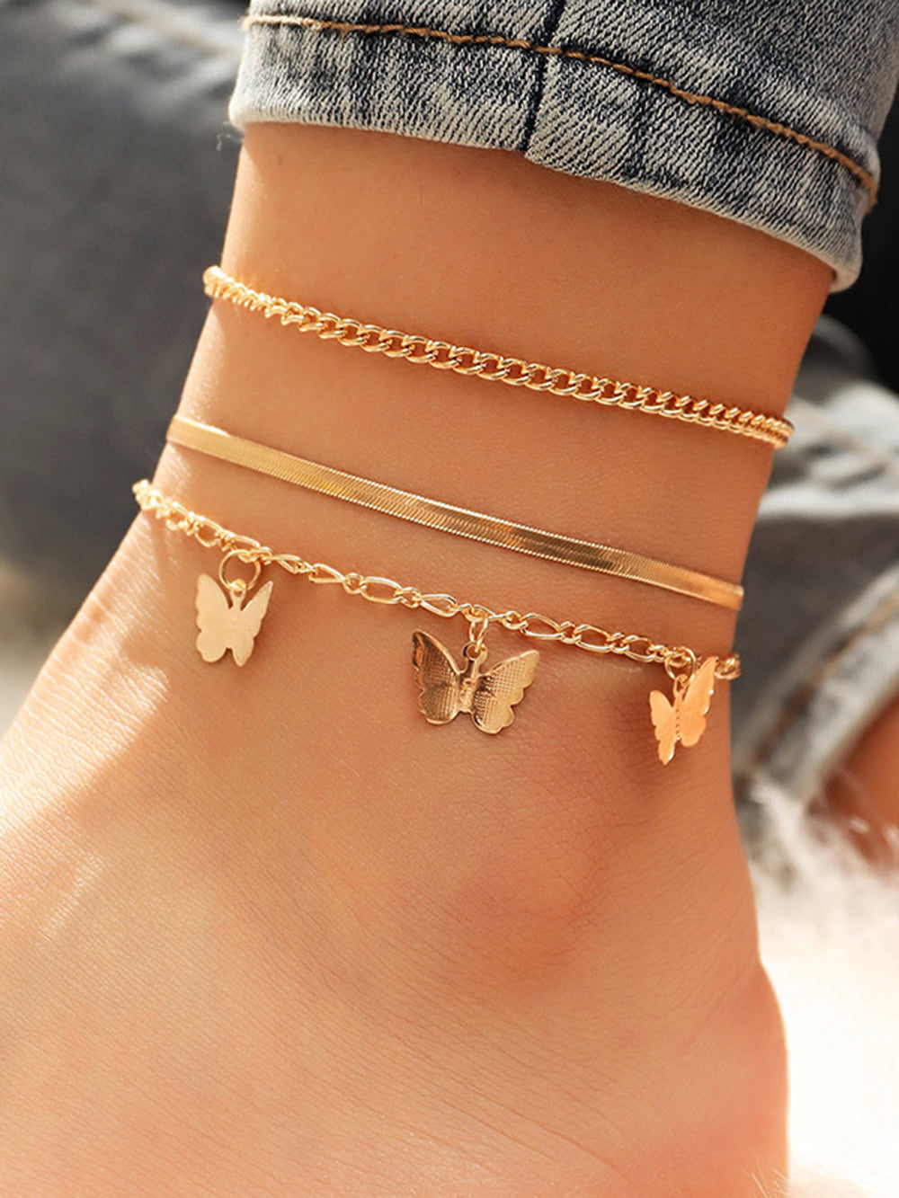 Goldtone Butterfly Station Anklet Set