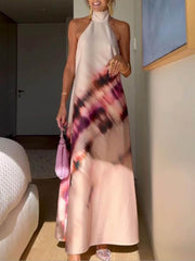 Unique Tie-Dye Printed Halterneck Lace Up Backless Maxi Dress