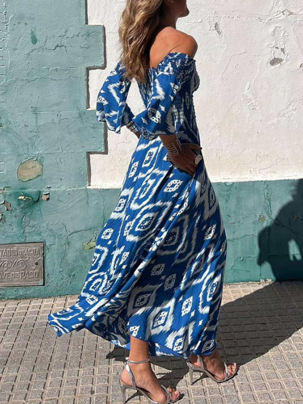 Vacation Ethnic Print Smocked Off Shoulder Pocketed Maxi Dress