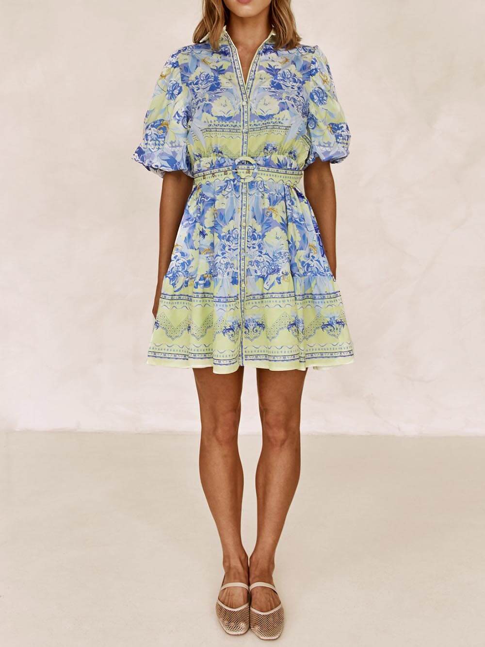 Floral Fantasy - Blue and Yellow Floral Print Mini Dress