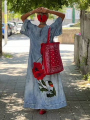 Faux Denim Print Bell Sleeve Pocket Loose Maxi Dress