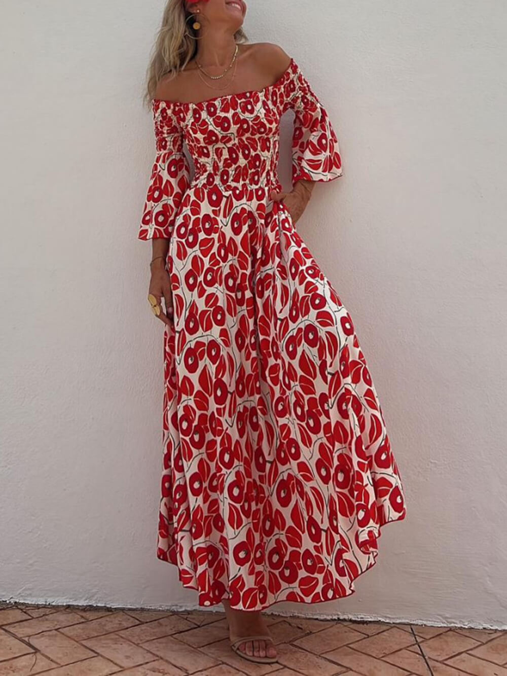 Scarlet Bloom - Smocked Off Shoulder Maxi Dress