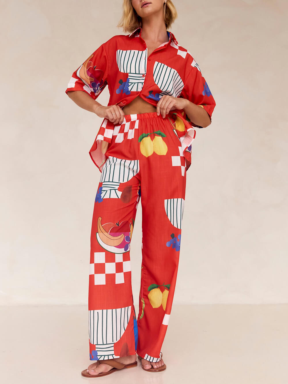 Unique Fruit Print Holiday Loose Shirt Wide Leg Pants Suit