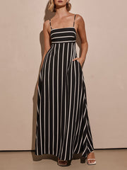 Classic Stripe Printed Stitching Loose Maxi Dress