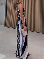 Casual Loose Halterneck Striped Gradient Print Maxi Dress