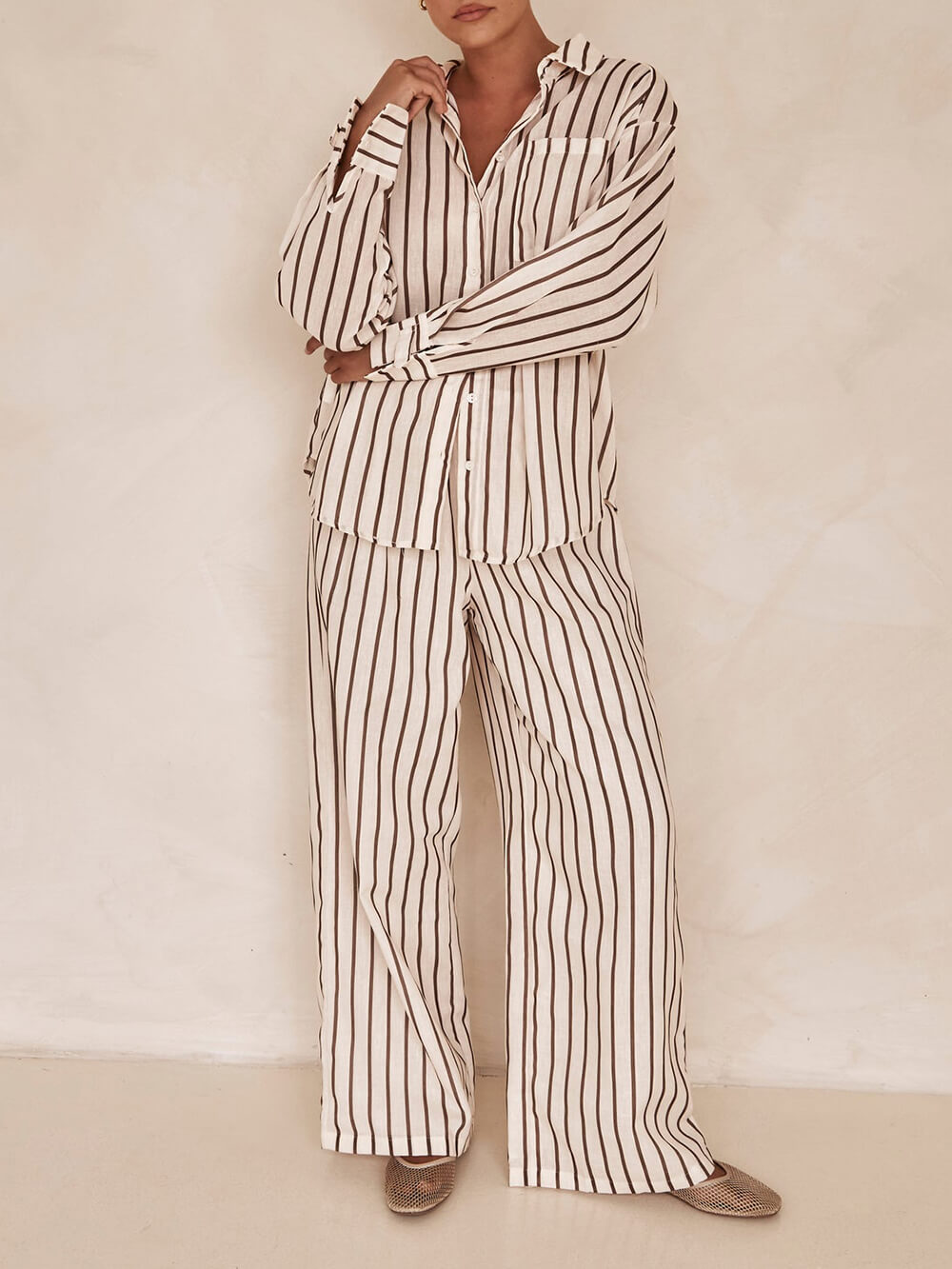 Loose Casual Striped Patchwork Shirt And Wide-Leg Pants Suit