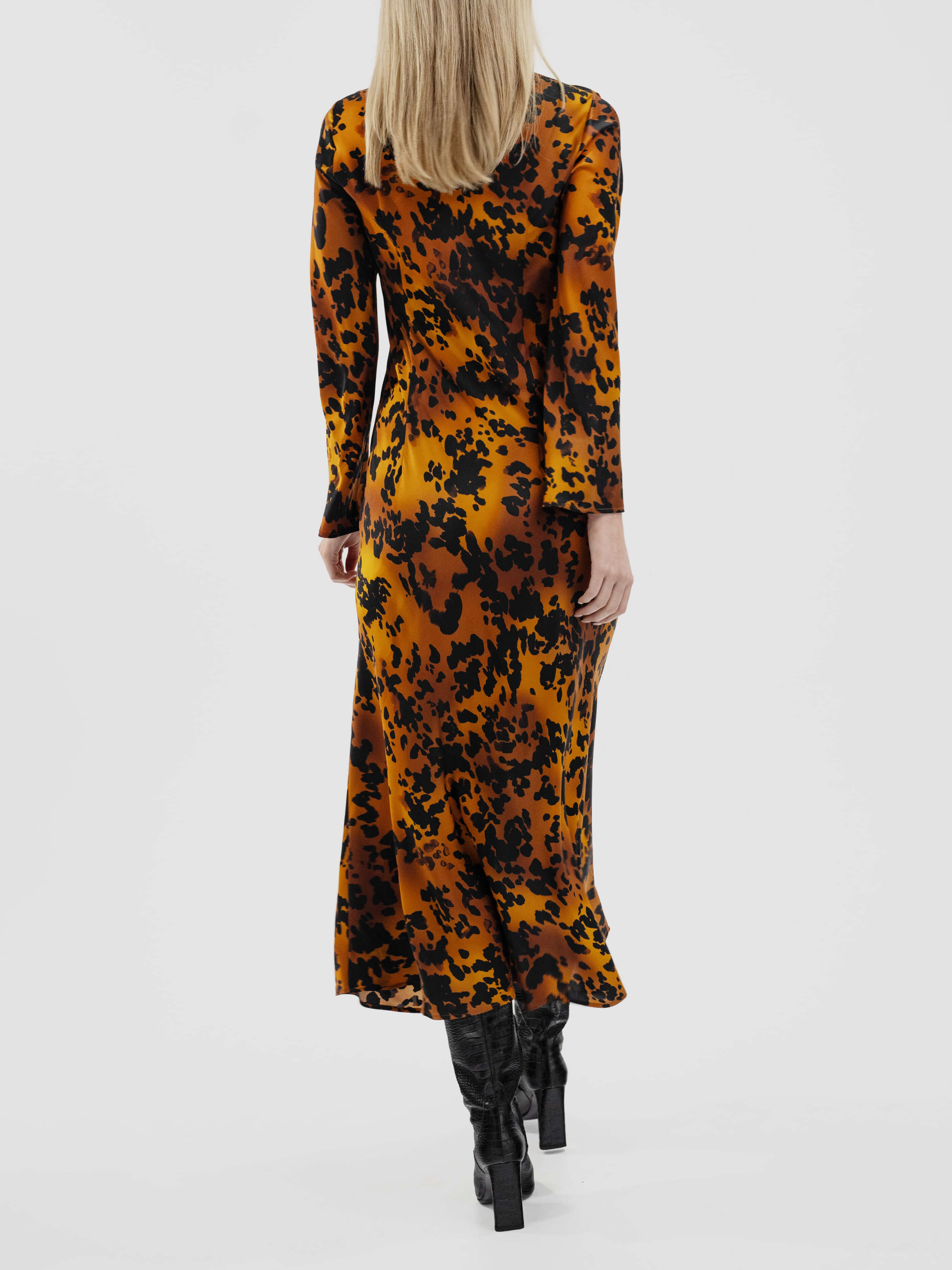 Delicate Satin Printed Slit Long Sleeve Midi Dress