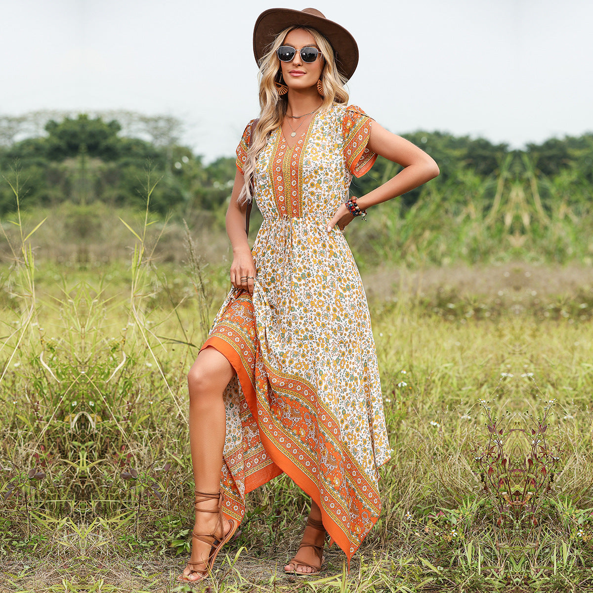 Bohemian V Neck Print Dress