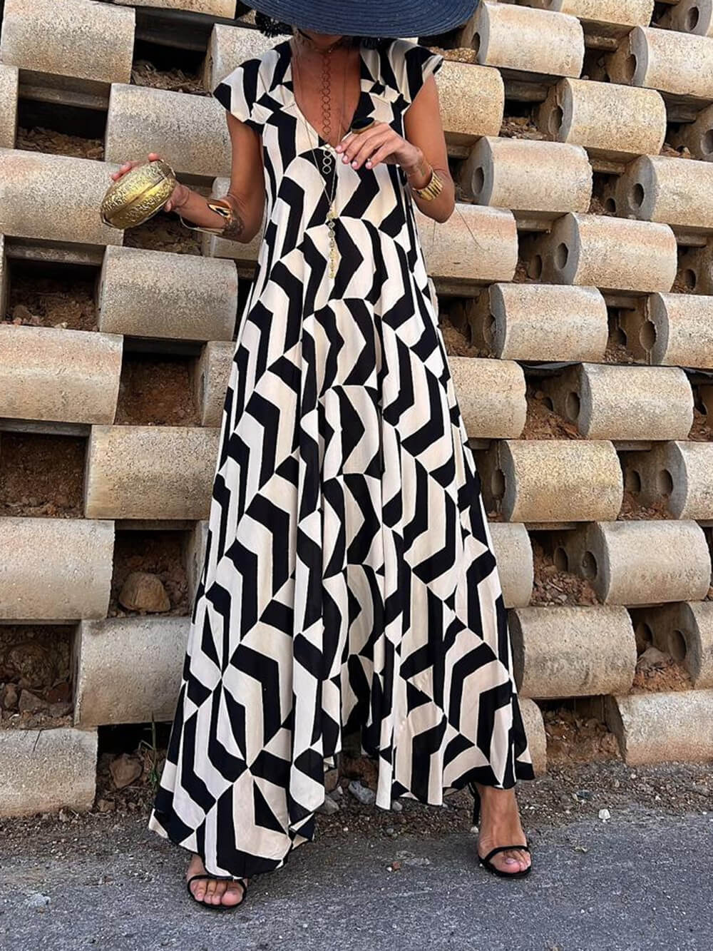 Fresh Unique Ethnic Print Ruffle Sleeve A-line Maxi Dress