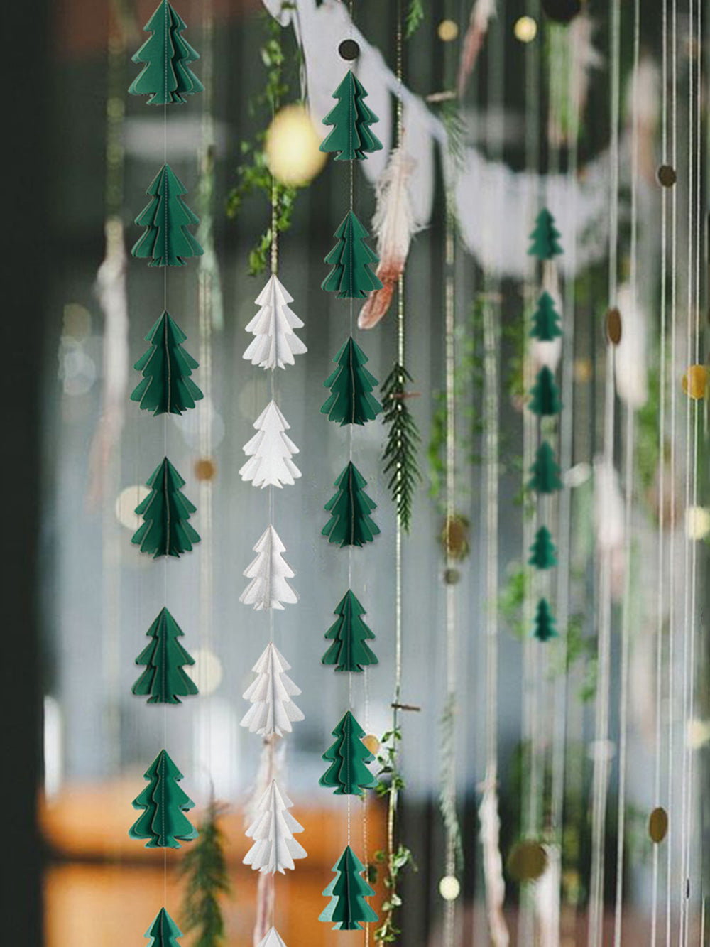 Mini Christmas Tree With Paper String Flowers And Hanging Flags