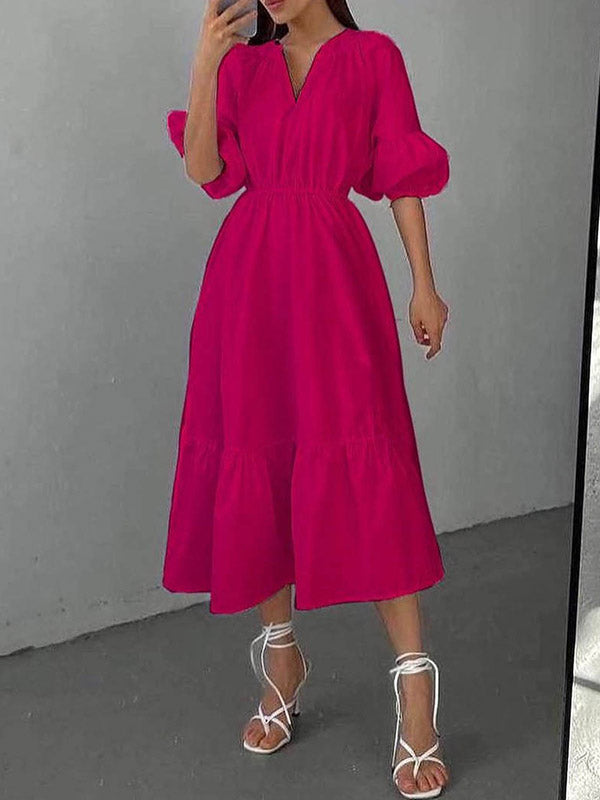 A-Line Half Sleeves Elasticity Pleated Solid Color V-Neck Midi Dresses