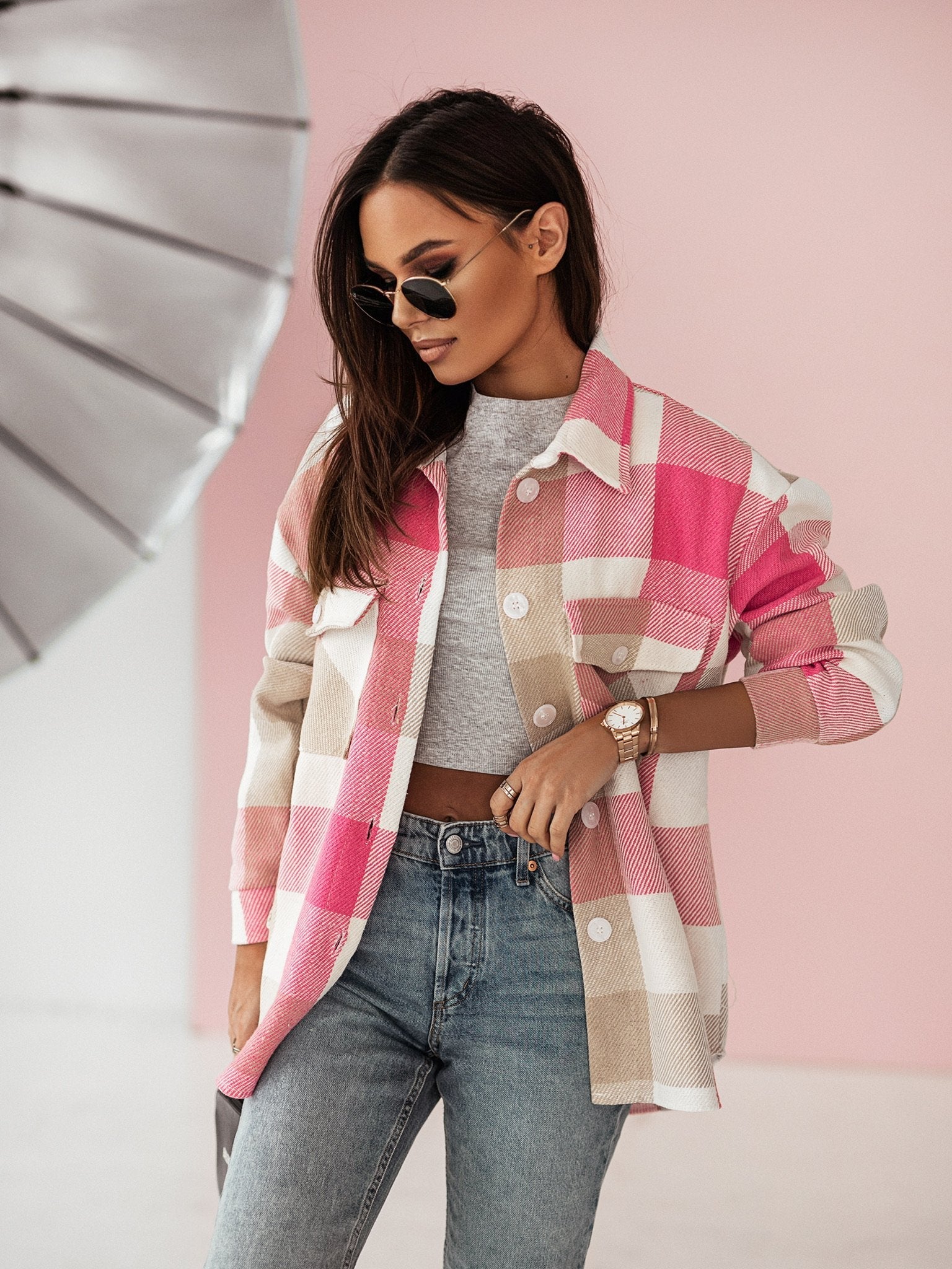 Autumn Winter Women Clothing Color Plaid Shirt Brushed Woolen Coat