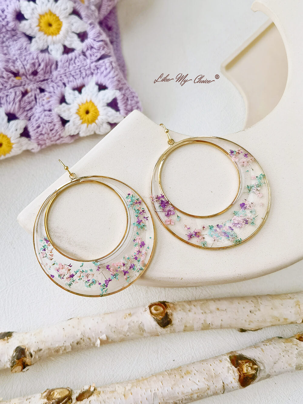 Queen Anne Lace Dried Flowers Large Hoop Earrings