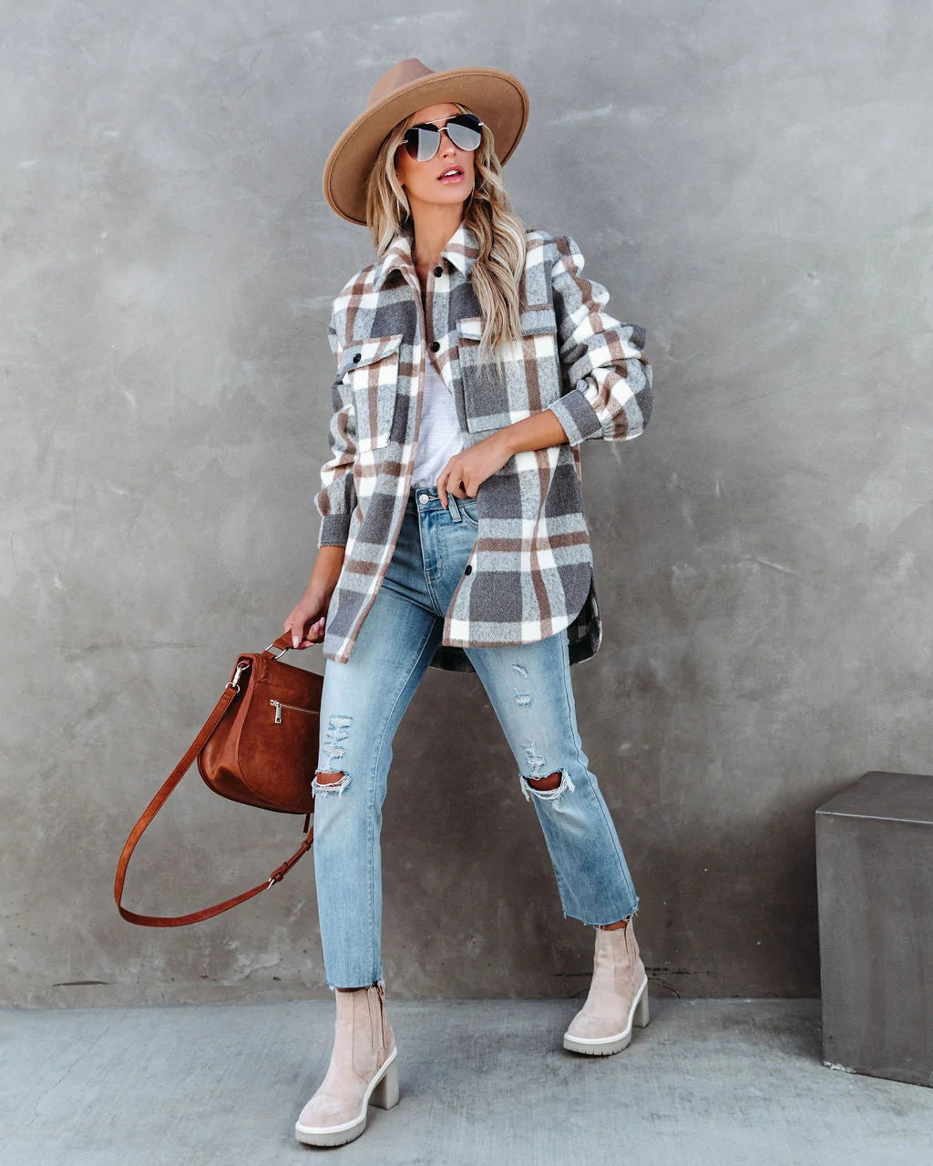 Casual Autumn Winter Plaid Brushed Collared Jacket: Stay Stylish and Cozy All Season