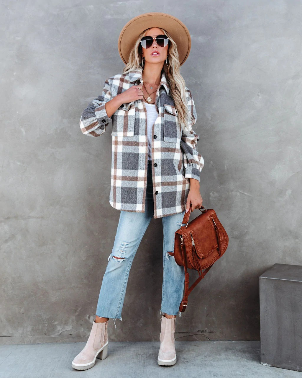 Casual Autumn Winter Plaid Brushed Collared Jacket: Stay Stylish and Cozy All Season