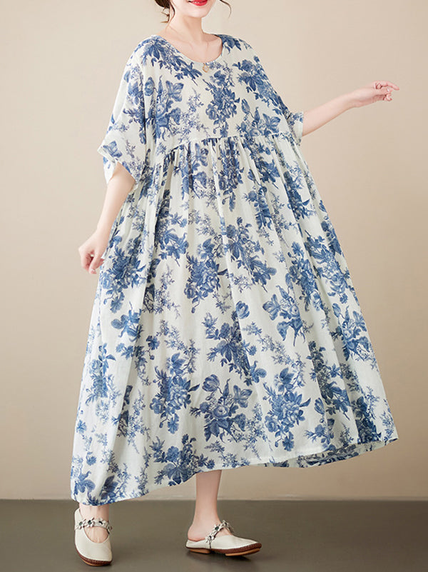 Loose Short Sleeves Floral Printed Pleated Split-Joint Round-Neck Midi Dresses