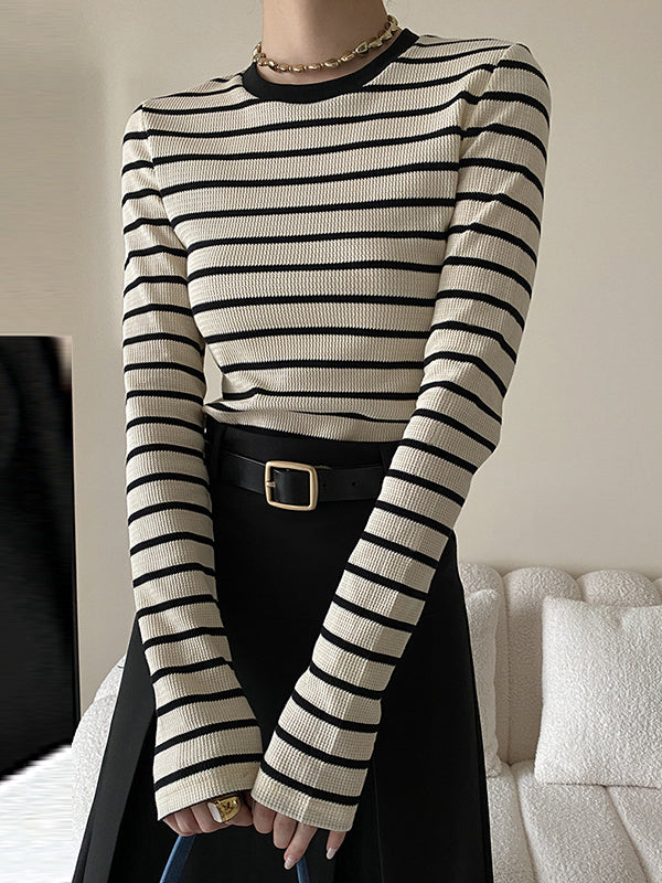 Long Sleeves Skinny Contrast Color Striped Round-Neck T-Shirts Tops