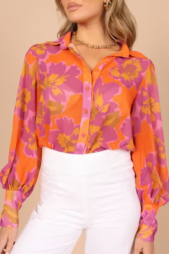 Autumn Winter Women’s Floral Print Collared Shirt – Single Breasted Top