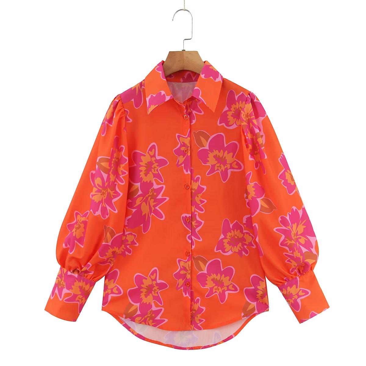 Autumn Winter Women’s Floral Print Collared Shirt – Single Breasted Top