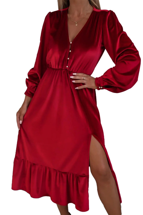 Racing Red Velvet Buttoned Puff Sleeve V Neck Split Midi Dress