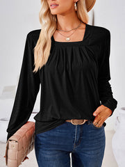 Long Sleeves Loose Pleated Solid Color Square-Neck T-Shirts Tops