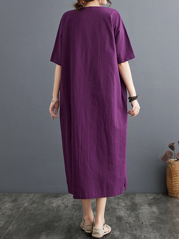 A-Line Loose Chinese Frog Buttons Pockets Solid Color Split-Side V-Neck Midi Dresses